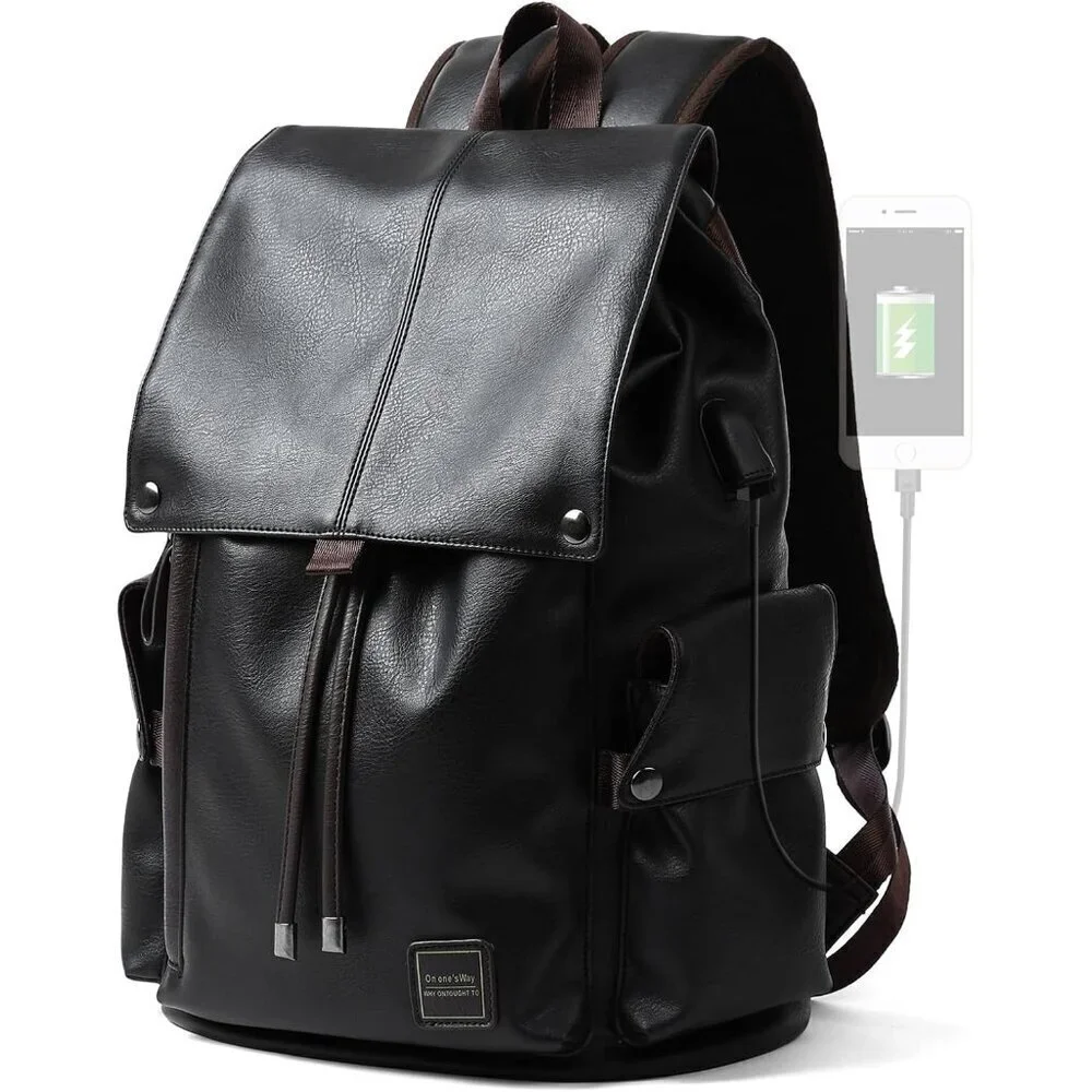 Black Laptop Travel Backpack PU Leather Water-Resistant Casual Laptop Backpack